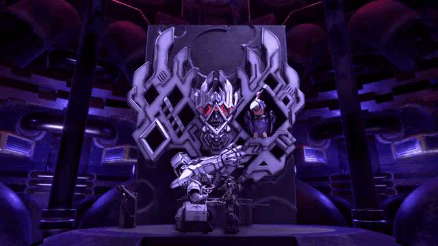 a purple room with a statue of a robot that says ii on it