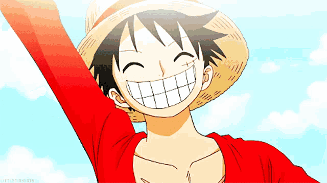 monkey d luffy from one piece is smiling and raising his arm in the air