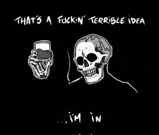 a black and white drawing of a skull smoking a cigarette and holding a glass of beer .