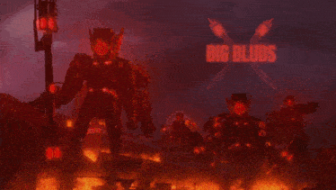 a group of robots are standing in front of a sign that says big blids
