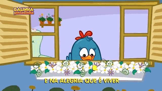 a cartoon of a chicken looking out of a window with the words " galinha pintadinha " above her