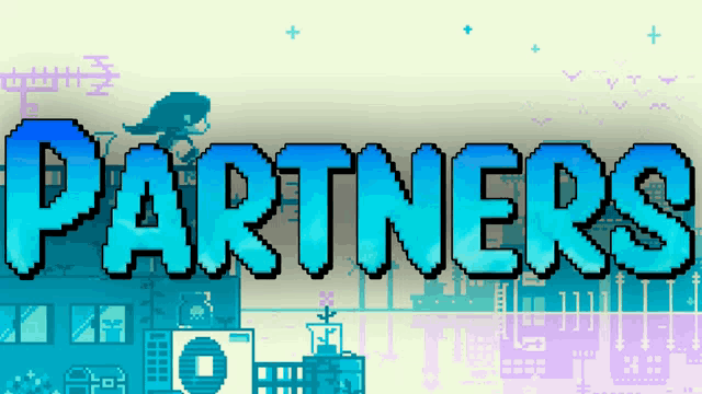 a pixel art illustration of a city with the word partners