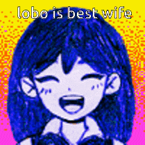 a cartoon girl with blue hair is smiling and laughing with the words `` lobo is best wife '' .