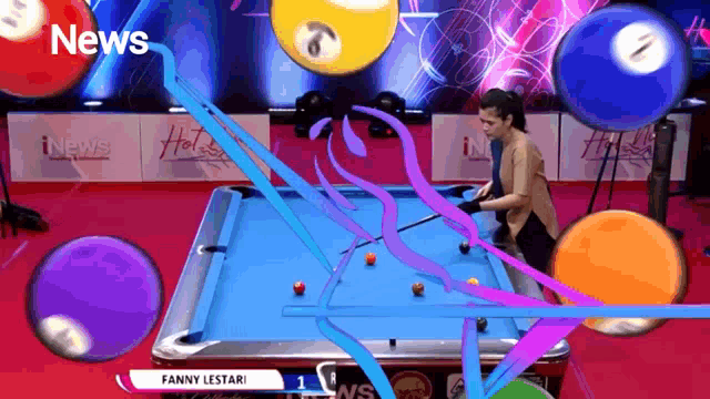 a woman is playing pool on a pool table with the words news above her