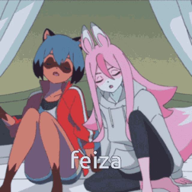 a cartoon of two girls with the word feiza on the bottom right