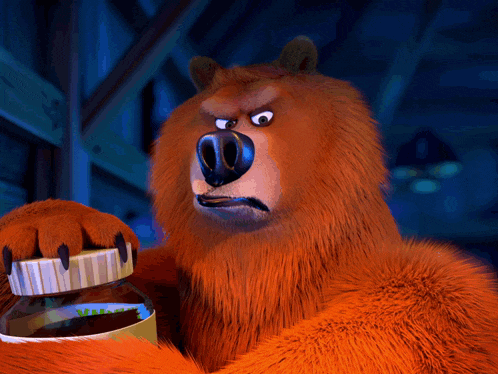 a cartoon bear is holding a jar that says ' bear ' on it
