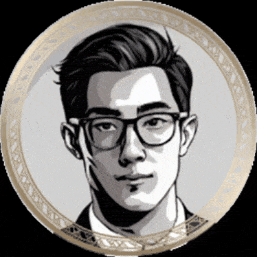 a black and white drawing of a man wearing glasses in a gold frame