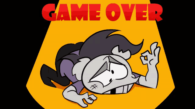 a game over sign with a cartoon character on the ground