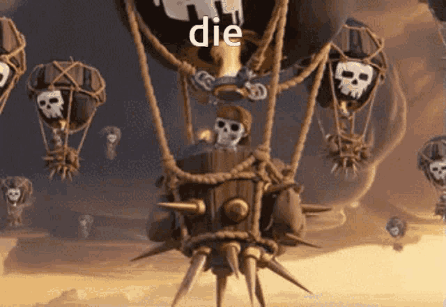 a group of hot air balloons with skulls on them are flying in the sky and the word die is on the balloon