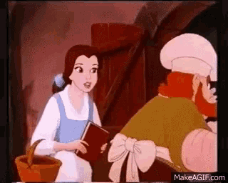 a cartoon of belle from beauty and the beast holding a book and talking to a man in a chef 's hat .
