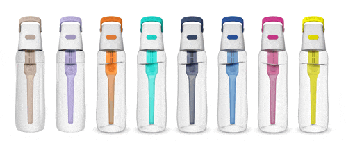 a row of water bottles in various colors with a filter