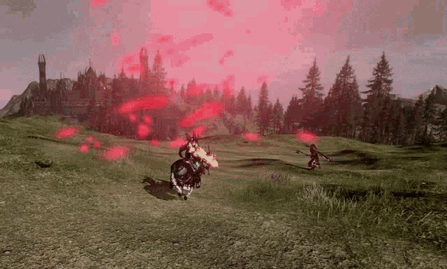 a person riding a horse in a video game with red smoke coming out of the horse 's mouth .
