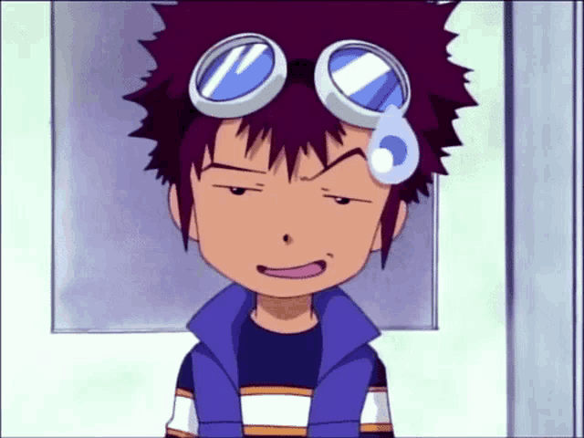 a cartoon character with goggles on his head making a face