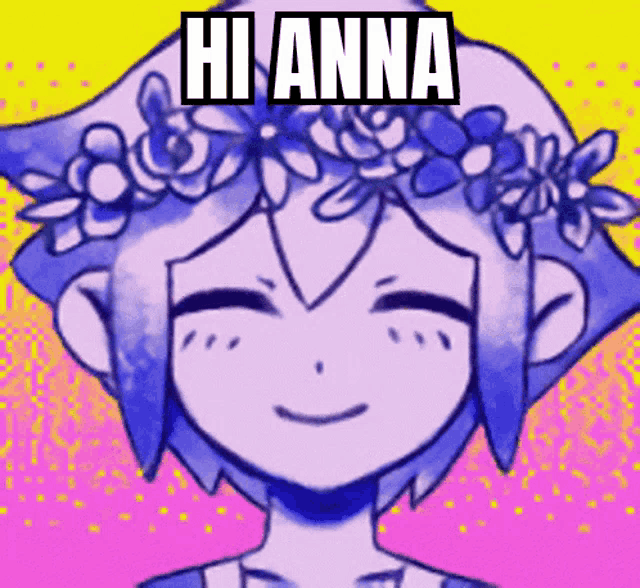 a drawing of a girl with a flower crown on her head and the words hi anna above her head