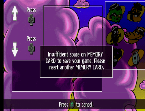 a screenshot of a game that says press insufficient space on memory card to save your game please insert another memory card press to cancel