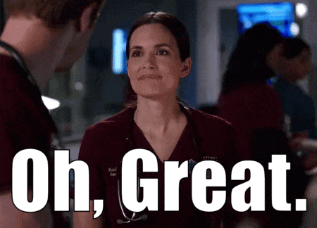 a woman with a stethoscope around her neck is smiling in front of a man and the words oh great .