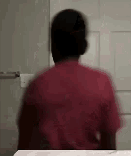 a blurry picture of a person in a red shirt standing in front of a door in a bathroom .