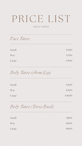 a price list for a tattoo salon includes pricing for face tatoo and body tatoo