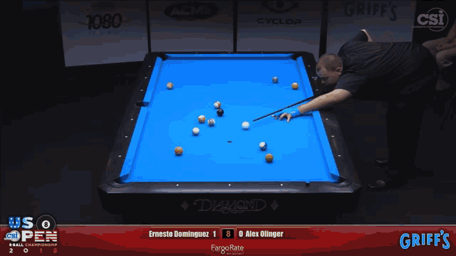 a pool table sponsored by fargorate and griff 's is shown