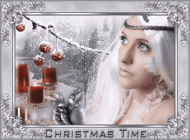 a picture of a woman with candles and the words christmas time on the bottom