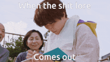 a man is writing on a piece of paper with a caption that says when the shit lore comes out