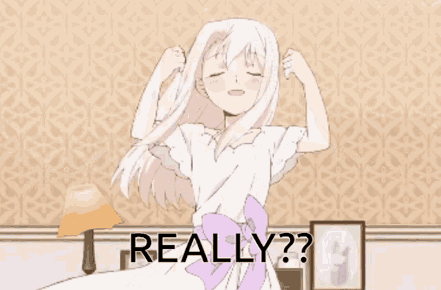 a girl with white hair and red eyes says really ?
