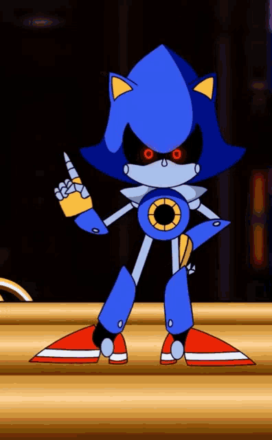 a blue robot with red eyes is standing on a table and giving the middle finger