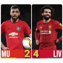 two soccer players one from manchester united and the other from liverpool are standing next to each other