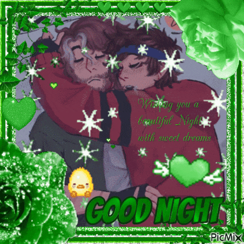 a greeting card that says good night with a picture of two men hugging