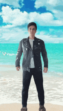 a man standing on a beach with a viggle.ai logo on the bottom right