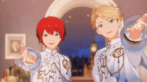 two anime characters are standing next to each other and one has red hair