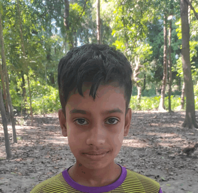 a young boy wearing a yellow and purple shirt stands in front of a forest