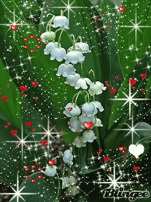 lily of the valley flowers are surrounded by red hearts and glitter