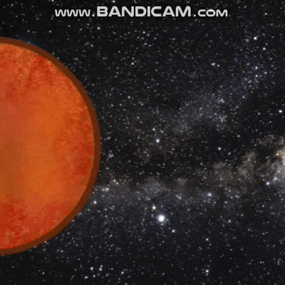 a cartoon of two planets , one red and one brown , floating in space .