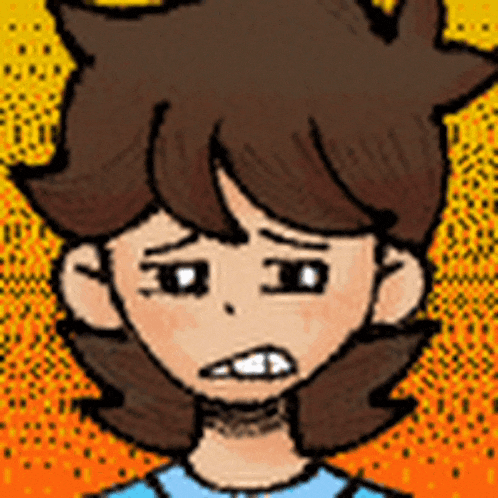 a cartoon of a boy with brown hair and a blue shirt making a sad face