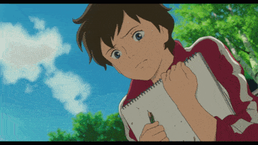a cartoon girl is holding a notebook and a pencil in her hand