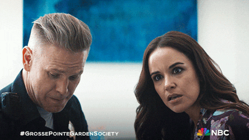 a grosse pointe garden society poster with a man and woman talking