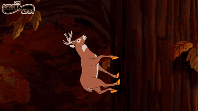 a cartoon of a deer jumping from a tree with a ninja ran logo in the corner