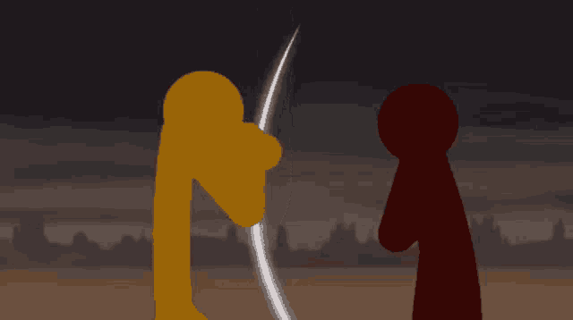 a yellow stick figure is holding a knife while a red stick figure is holding a sword .