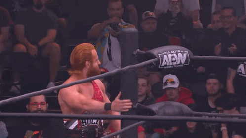 a man in a wrestling ring with the word all elite wrestling on the side