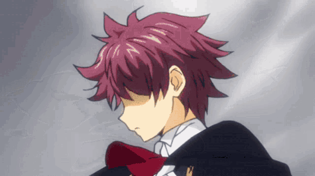 a cartoon character with purple hair and a bow tie