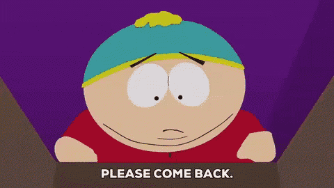 a cartoon character says " please come back " in front of a purple background