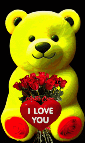 a yellow teddy bear holding red roses and a red heart that says i love you