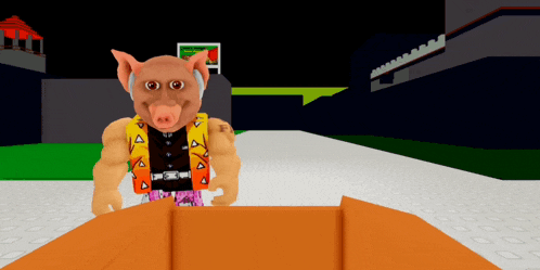 a video game character with a pig 's head is standing in front of an orange box