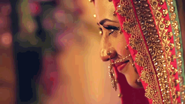 a close up of a woman wearing a nose ring and veil
