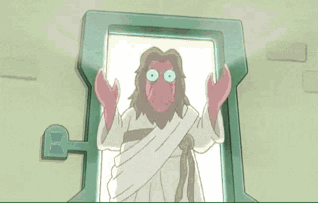 a cartoon of jesus standing in a doorway with his hands outstretched