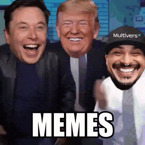 elon musk donald trump and a man wearing a multivers hat