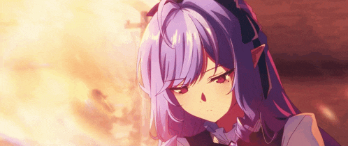 a girl with purple hair and red eyes looks down at something