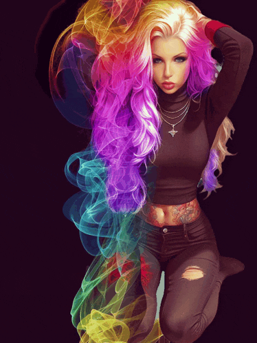 a woman with rainbow hair and a tattoo on her belly