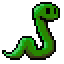 a pixel art of a green snake with its tongue out .